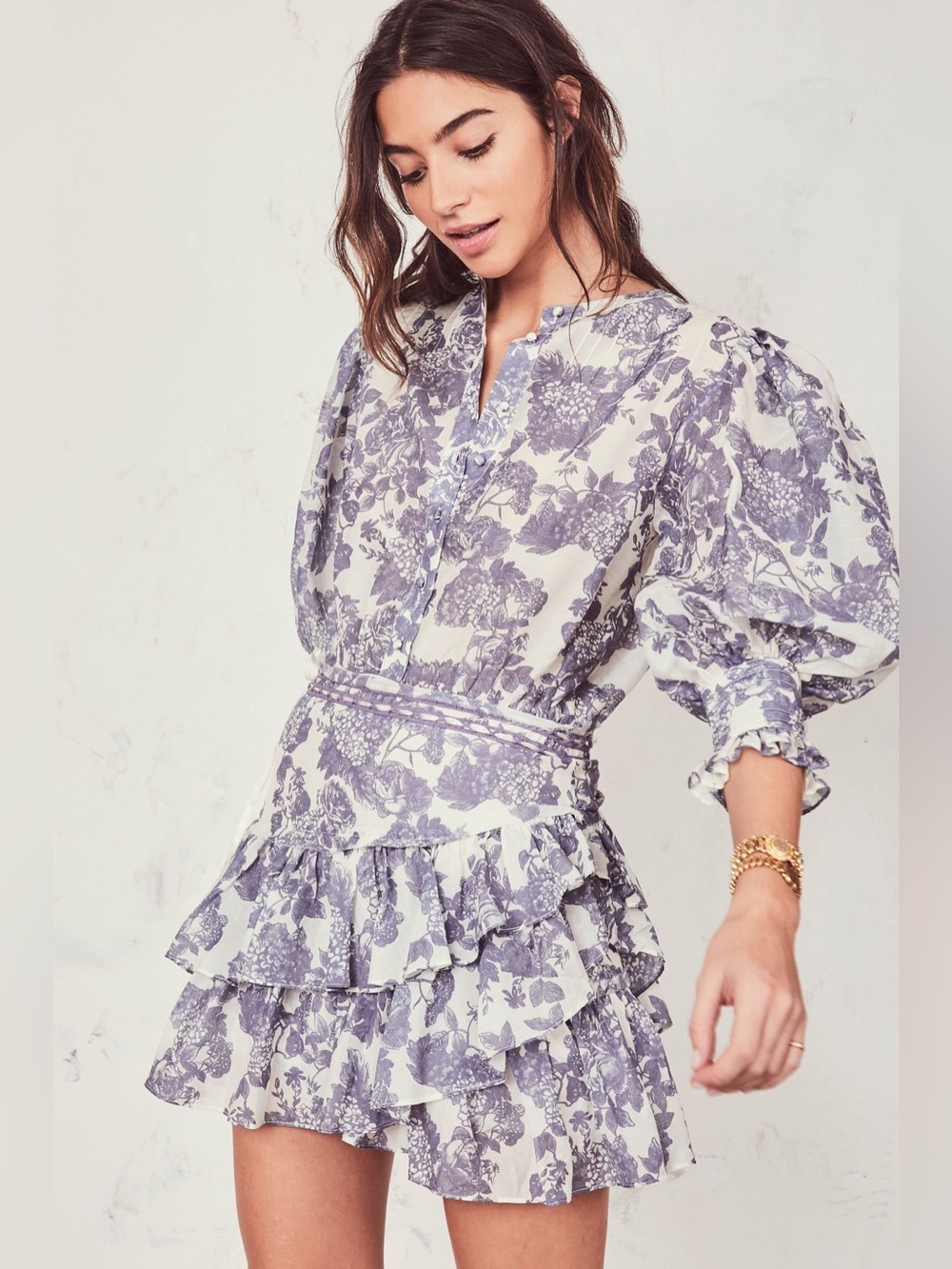 LoveShackFancy Lorelei Ruffle Floral Silk Blend Mini Dress Blue White Size 8 - Picture 3 of 16